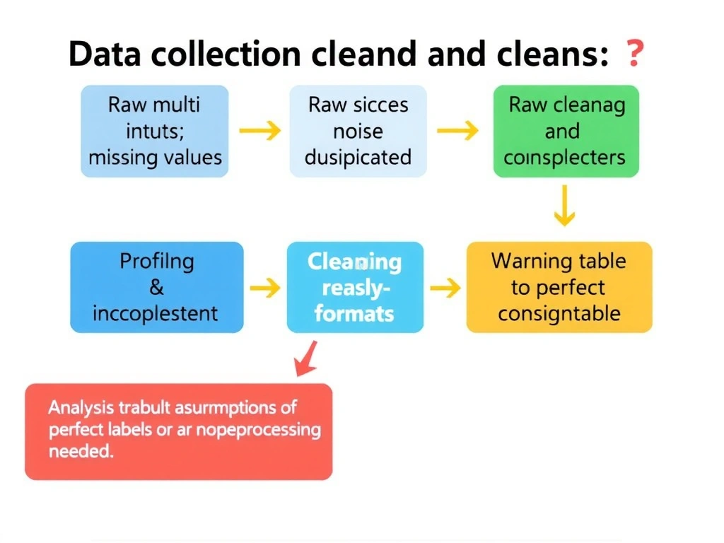 Data collection and cleaning workflow: raw multi-source inputs with icons for missing values, noise, duplicates, inconsistent formats → profiling and cleaning steps → analysis-ready table; warning callouts against assumptions of perfect labels or no preprocessing needed.