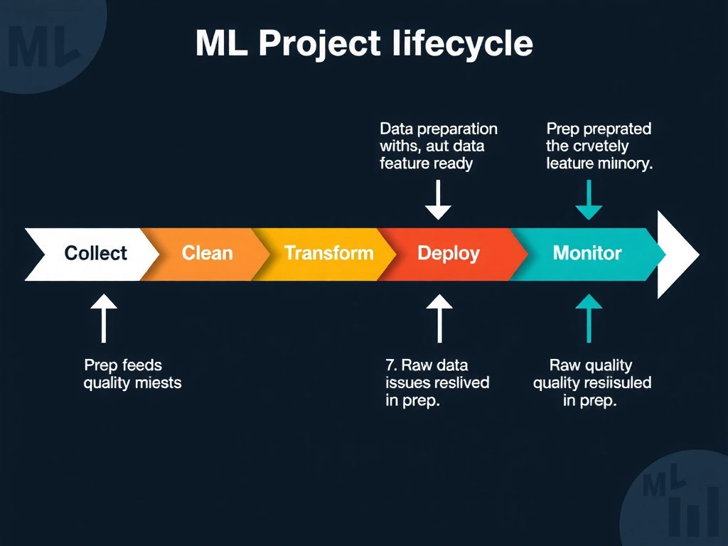 ML project lifecycle timeline with data preparation highlighted (collect, clean, transform, feature-ready); later stages labeled train, evaluate, deploy, monitor; arrows showing prep feeds training; icons for raw data quality issues resolved in prep.