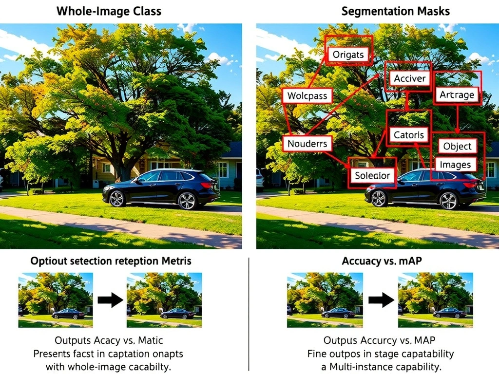 Side-by-side comparison: left image with single whole-image class label (classification); right image with multiple labeled bounding boxes (object detection); optional third thumbnail for segmentation masks; bullet callouts of outputs, metrics (accuracy vs mAP), and multi-instance capability.