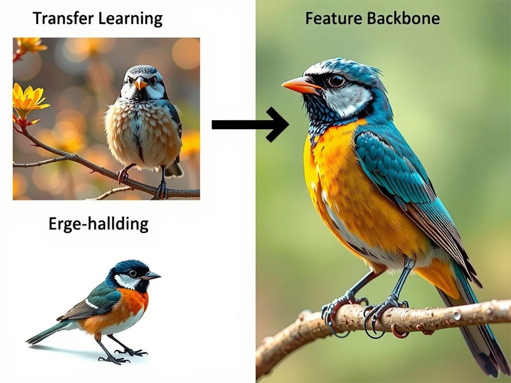 Transfer learning pipeline: large general image pretraining to feature backbone, then fine-tune on small bird-species set; arrow showing reduced need for specialty labels; contrast myths about zero overfitting and interpretability.