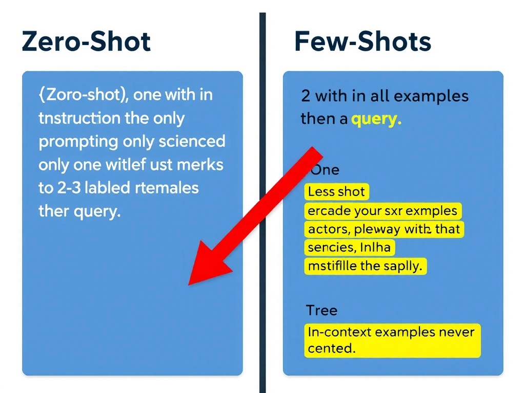 Zero-shot vs few-shot prompting: side-by-side prompts—one with instruction only, one with 2–3 labeled examples then a query; arrow highlighting in-context examples as the distinguishing factor.