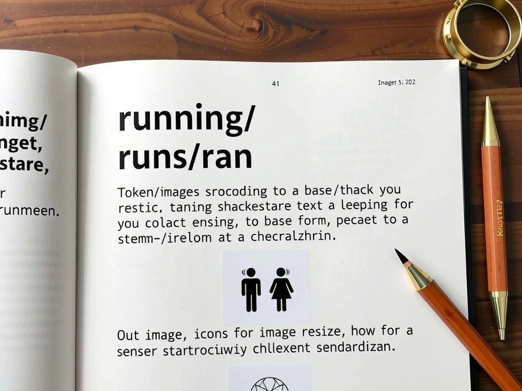 Text preprocessing for topic modeling: tokens "running/runs/ran" collapsing via stem/lemma to a base form; vocabulary size shrinks before topic model; crossed-out icons for image resize and sensor standardization.