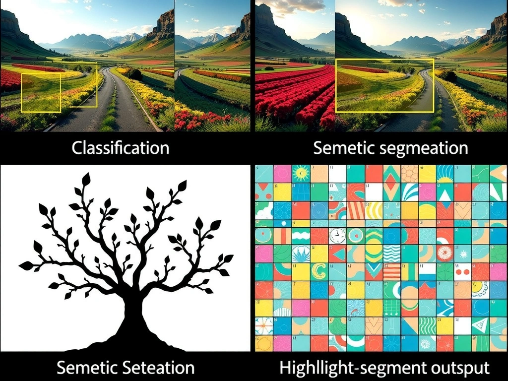Computer vision task comparison: image classification (one label), object detection (bounding boxes), semantic segmentation (color-coded per-pixel map); highlight segmentation output as dense class labels.