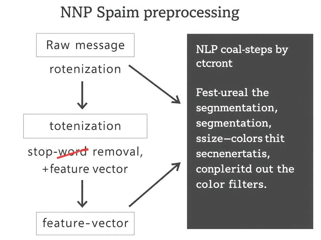 Email spam NLP preprocessing flow: raw message → tokenization → stop-word removal → feature vector; side panel showing incorrect CV steps (segmentation, resize, color filters) crossed out.