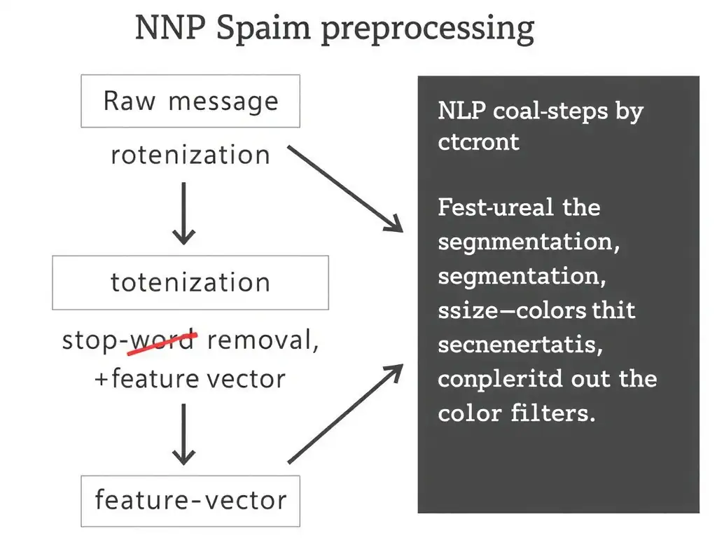 Email spam NLP preprocessing flow: raw message → tokenization → stop-word removal → feature vector; side panel showing incorrect CV steps (segmentation, resize, color filters) crossed out.