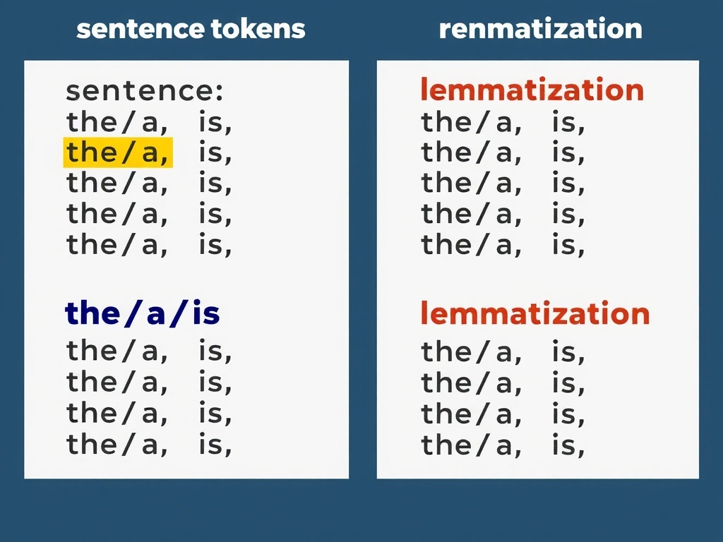 Stop-word removal: sentence tokens with "the/a/is" highlighted and filtered out; neighboring panels for tokenization (split only) and lemmatization (form normalization) to contrast roles.