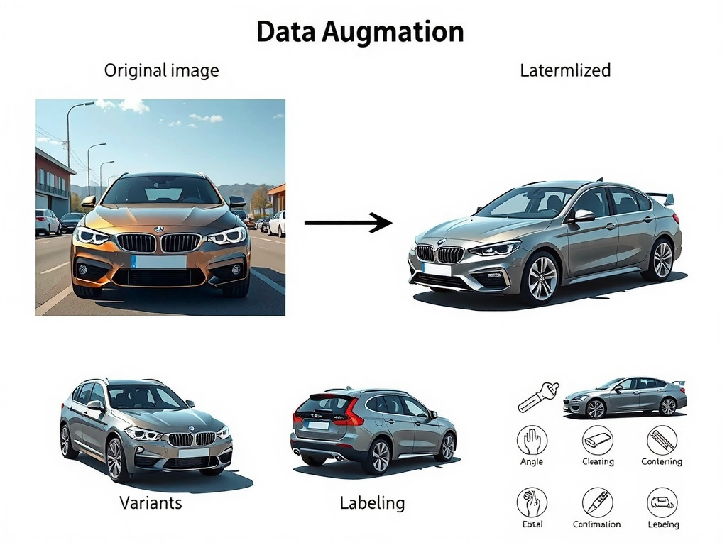 Data augmentation for car recognition: original car image branching into variants with different angles and lighting; labels preserved; contrast icons for normalization, cleaning, and labeling.