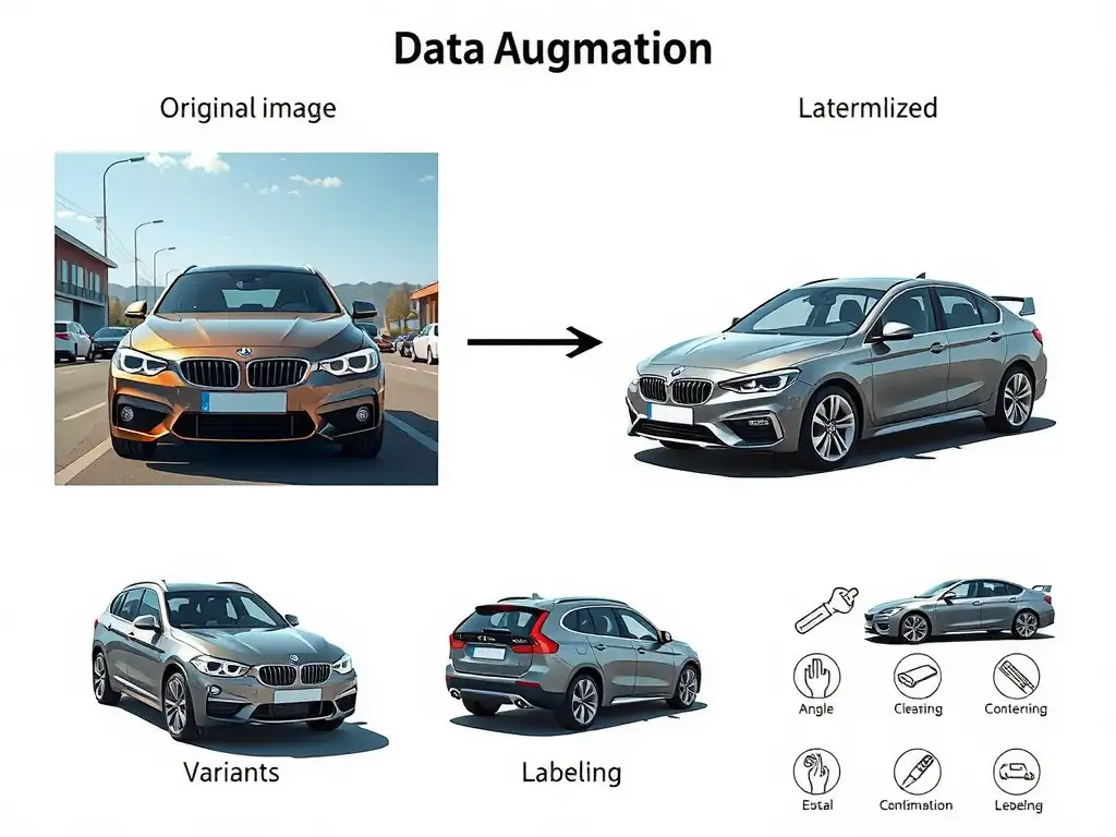 Data augmentation for car recognition: original car image branching into variants with different angles and lighting; labels preserved; contrast icons for normalization, cleaning, and labeling.