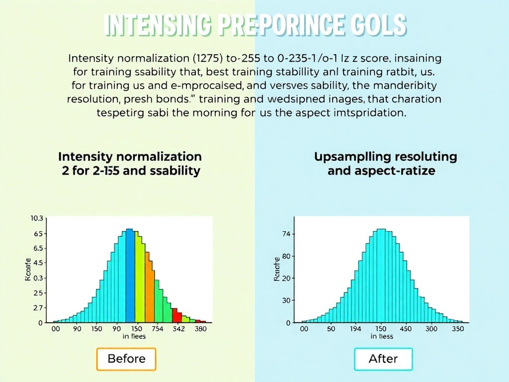 Infographic contrasting image preprocessing goals: intensity normalization (0–255 to 0–1 / z-score) for training stability versus upsampling resolution, denoising, and aspect-ratio resize; simple before/after intensity histogram and labeled misconception boxes.
