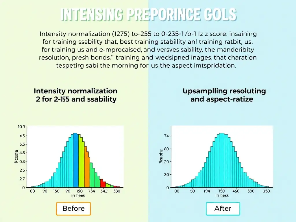 Infographic contrasting image preprocessing goals: intensity normalization (0–255 to 0–1 / z-score) for training stability versus upsampling resolution, denoising, and aspect-ratio resize; simple before/after intensity histogram and labeled misconception boxes.