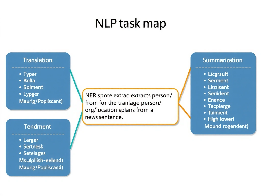 Diagram of NLP task map: NER extracting person/org/location spans from a news sentence, with side panels for translation, sentiment, and summarization showing different outputs.