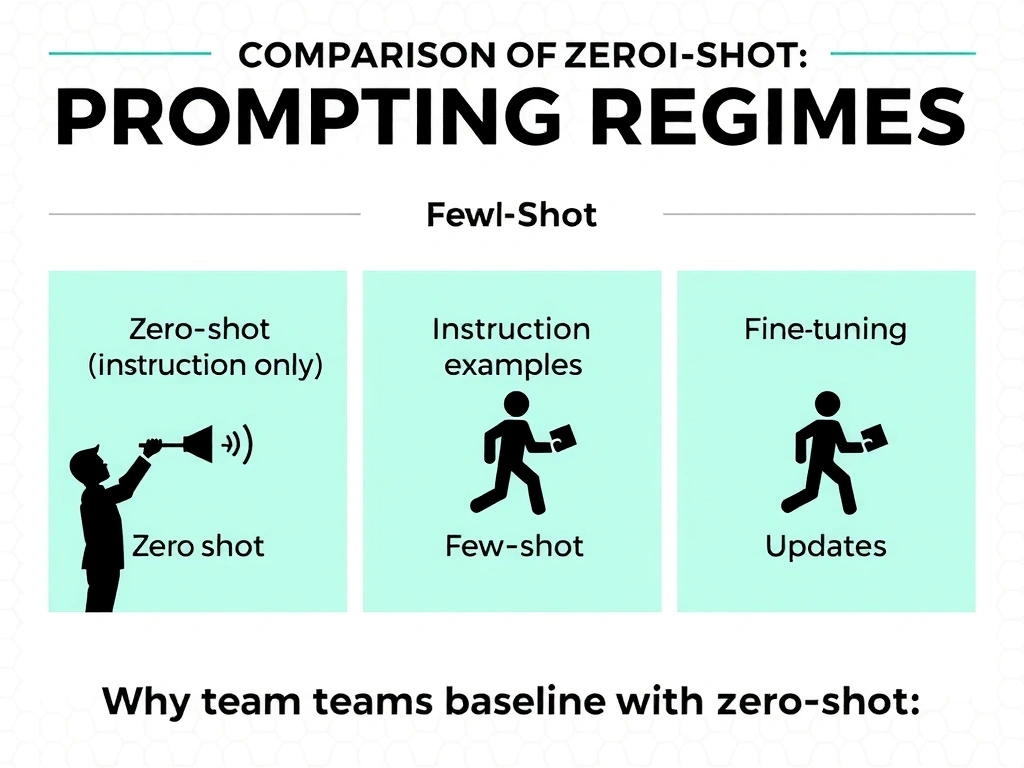 Comparison graphic of prompting regimes: zero-shot (instruction only), few-shot (instruction + examples), fine-tuning (weight updates); highlight why teams baseline with zero-shot.
