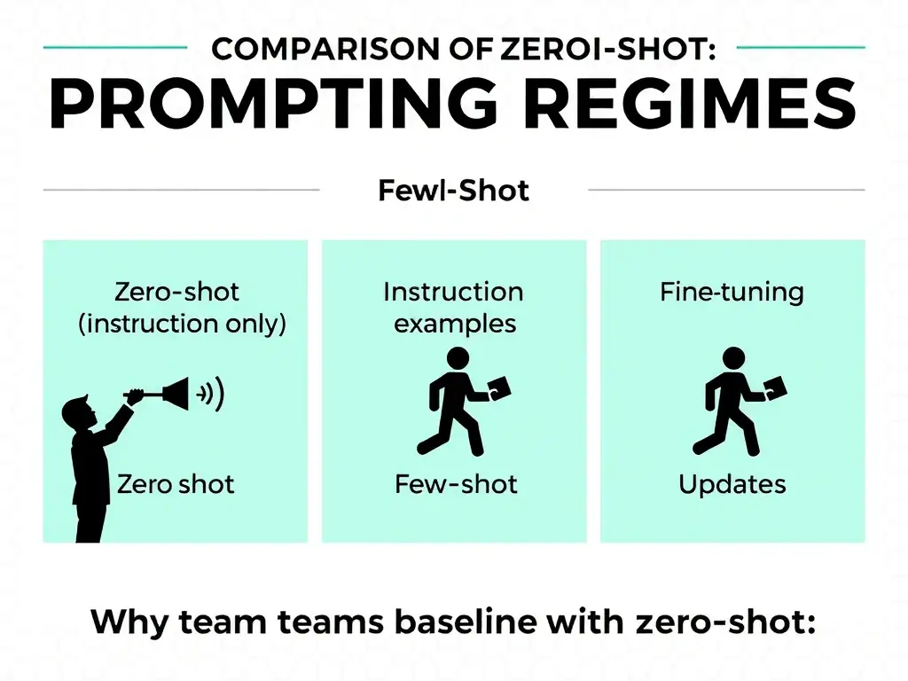 Comparison graphic of prompting regimes: zero-shot (instruction only), few-shot (instruction + examples), fine-tuning (weight updates); highlight why teams baseline with zero-shot.