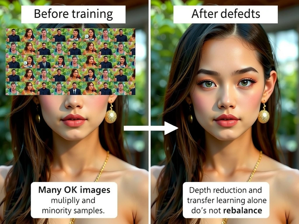Before/after training set bars: many OK images vs few defects; arrows to oversampling and augmentation multiplying minority samples; callouts that depth reduction and transfer learning alone do not rebalance.