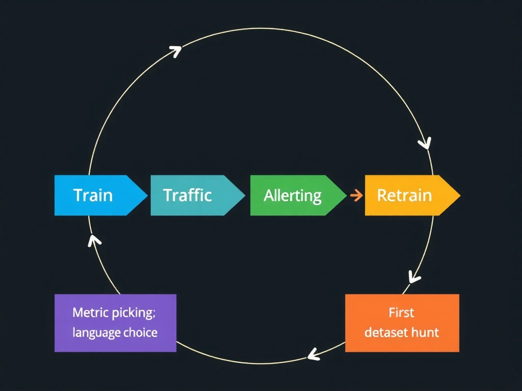 Lifecycle diagram from train to serve: live traffic, drift gauges falling over time, monitoring/alerting/retrain loop; crossed-out boxes for language choice, metric picking, and first dataset hunt.