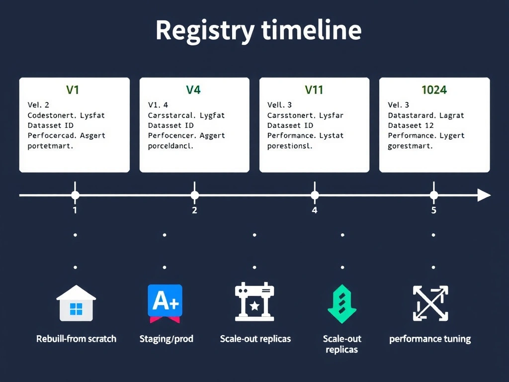 Model registry timeline: versions v1–v4 with linked code commit, dataset ID, metrics, and stage tags (staging/prod); contrast icons for rebuild-from-scratch, scale-out replicas, and performance tuning.