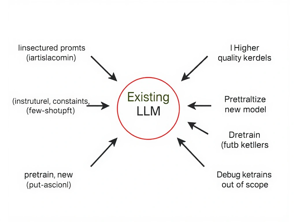 Center: existing LLM; arrows from structured prompts (instructions, constraints, few-shot) to higher-quality outputs; side paths labeled pretrain new model, debug kernels, full retrain marked as out of scope.