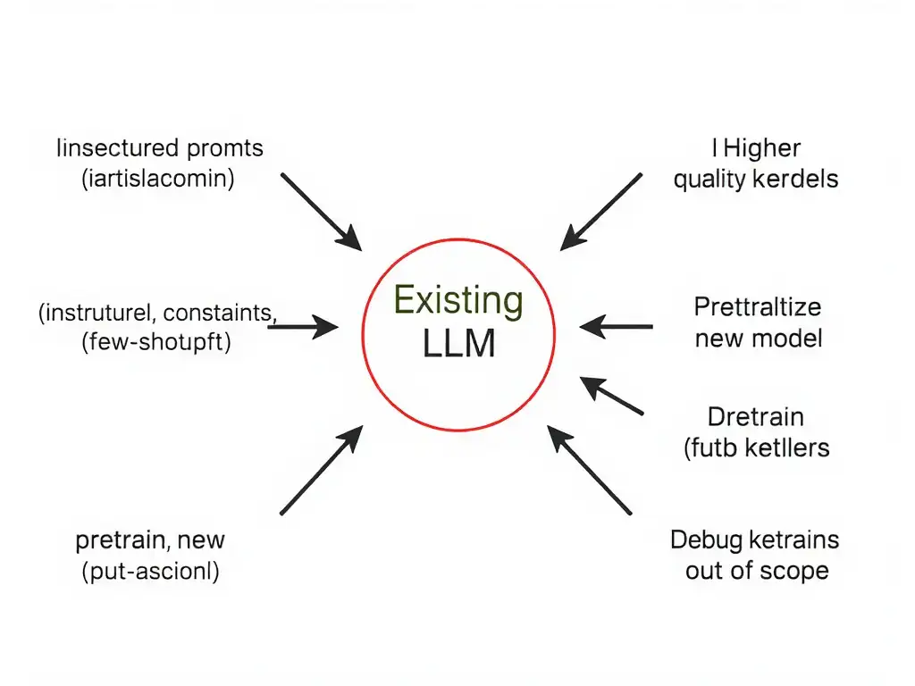 Center: existing LLM; arrows from structured prompts (instructions, constraints, few-shot) to higher-quality outputs; side paths labeled pretrain new model, debug kernels, full retrain marked as out of scope.