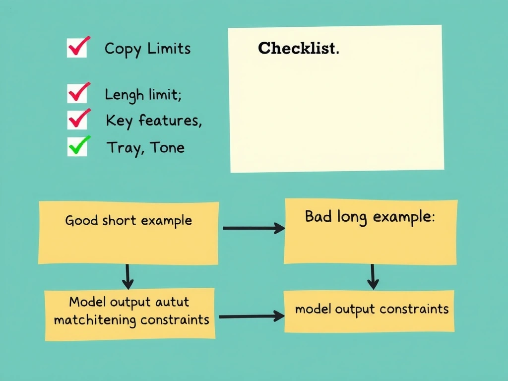 Prompt checklist for product copy: length limit, key features, tone; good short example vs bad long example; arrows showing model output matching constraints.