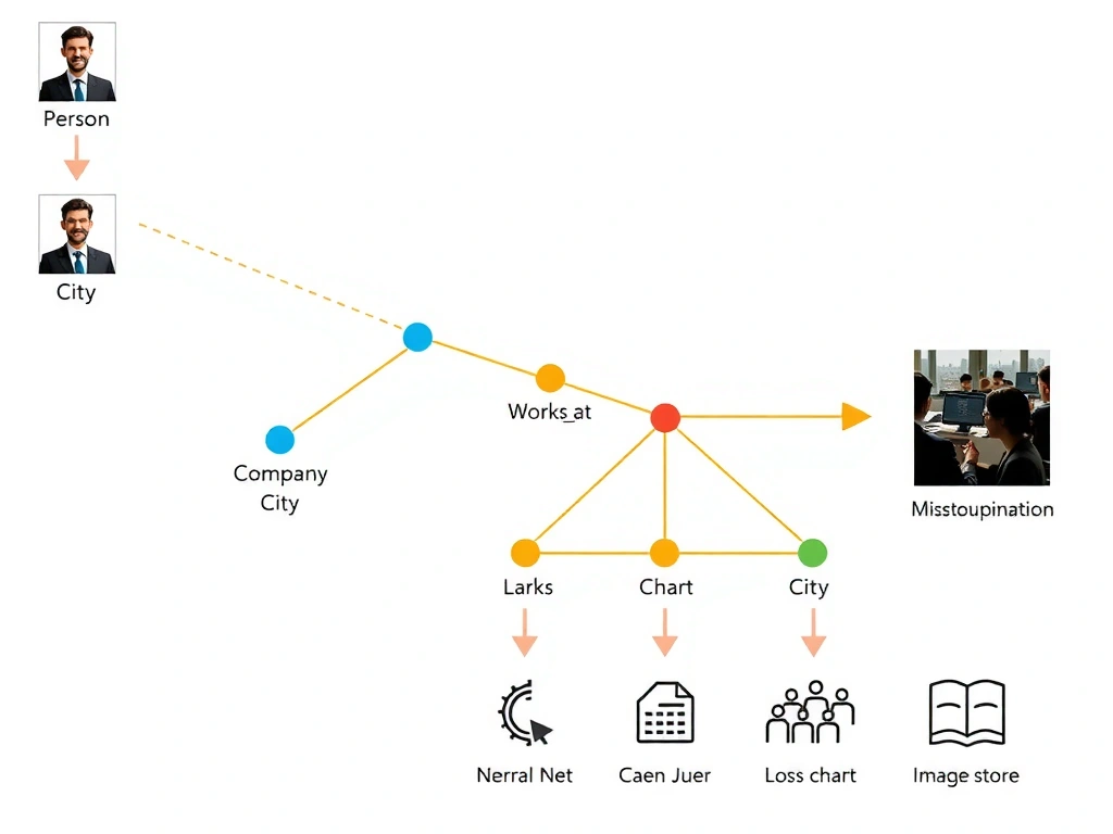 Simple knowledge graph of entities (Person, Company, City) with labeled edges (worksat, headquarteredin); separate misconception icons for neural net, loss chart, and image store.