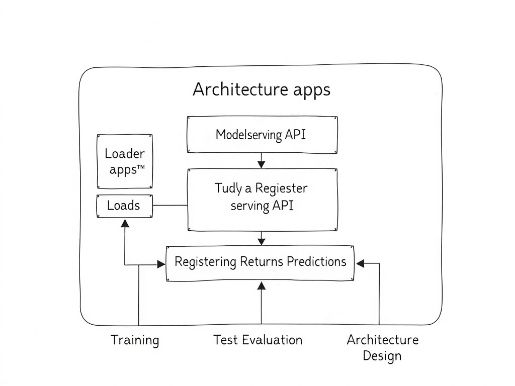Architecture sketch: client apps calling a model-serving API that loads a registered model version and returns predictions; separate lanes for training, test evaluation, and architecture design.