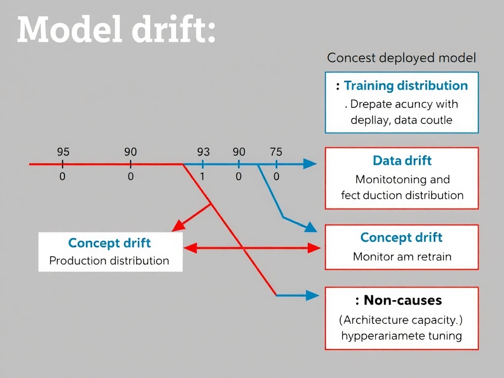Model drift concept: timeline of a deployed model with stable accuracy then declining performance; side panel contrasting training distribution vs production distribution; labels for data drift vs concept drift; monitoring and retrain loop; contrast boxes for non-causes (architecture capacity, hyperparameter tuning).
