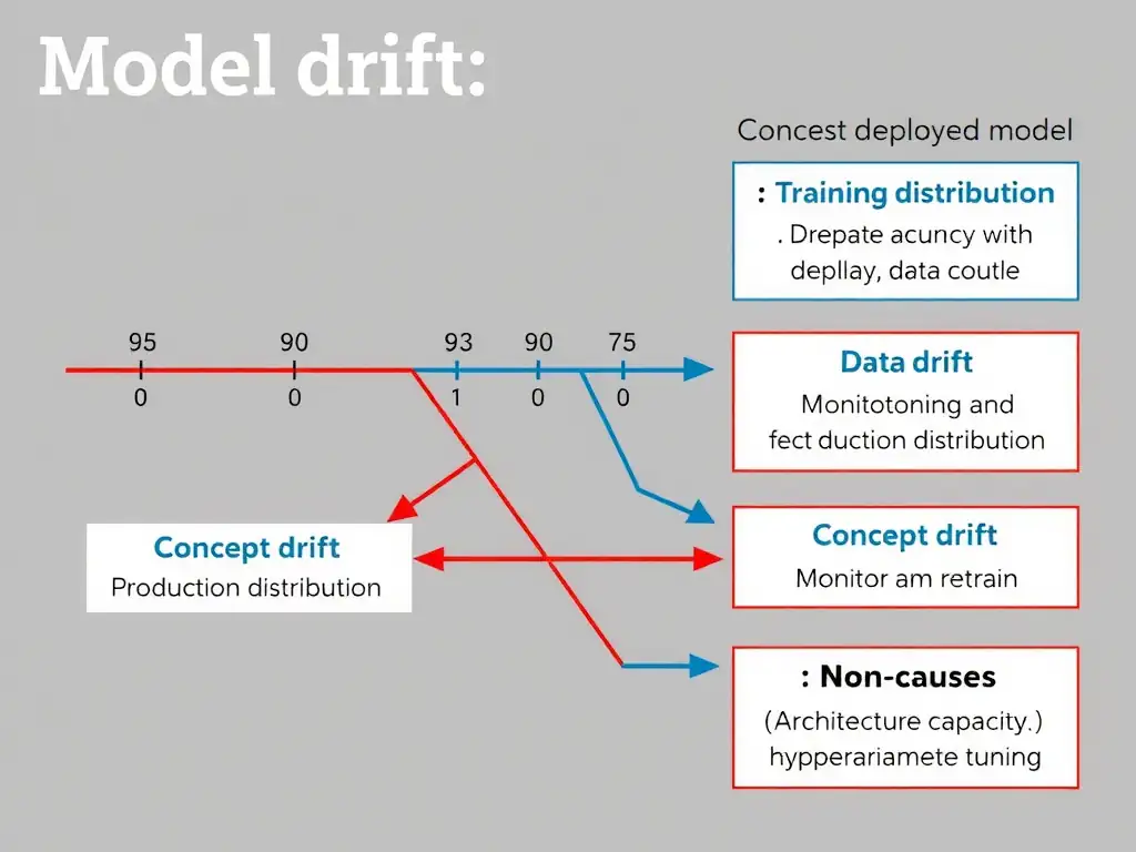 Model drift concept: timeline of a deployed model with stable accuracy then declining performance; side panel contrasting training distribution vs production distribution; labels for data drift vs concept drift; monitoring and retrain loop; contrast boxes for non-causes (architecture capacity, hyperparameter tuning).