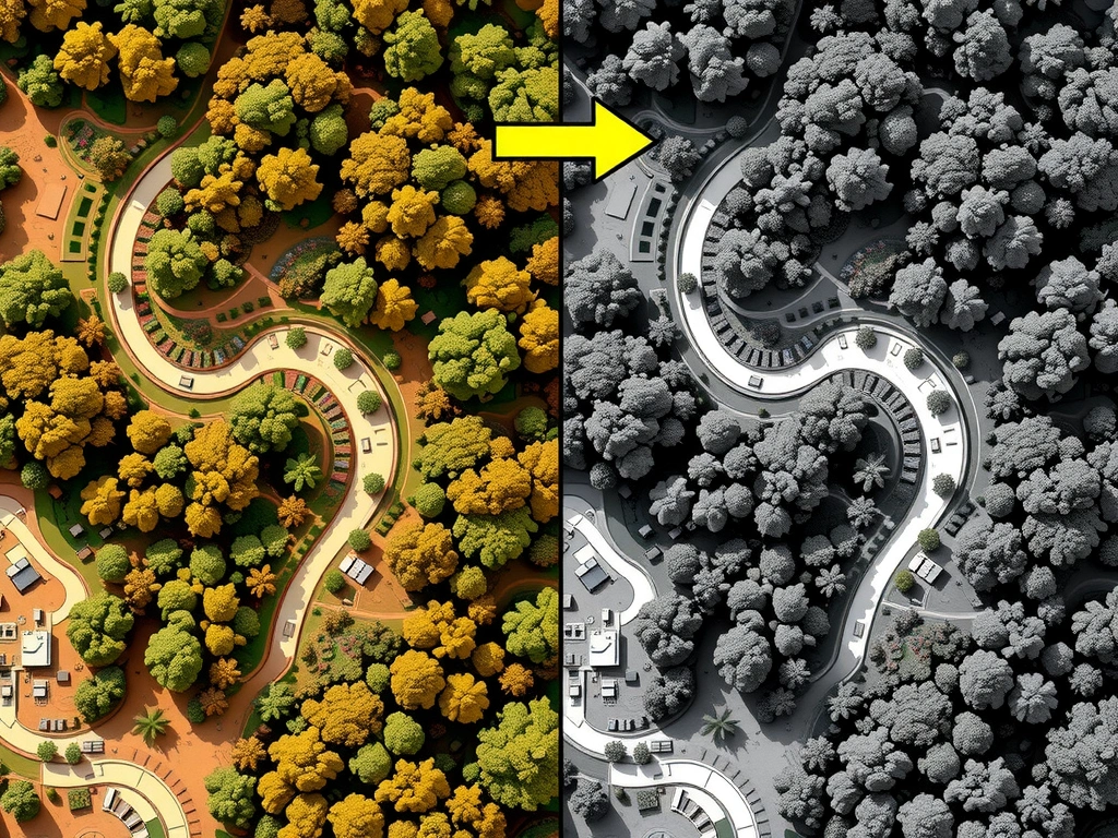 CNN image preprocessing pipeline for satellite tiles: raw pixels 0-255 arrow to normalized 0-1 (or z-score); optional multi-band channels retained; side comparisons showing heavy blur and grayscale as non-default choices; simple flowchart into CNN classifier for deforestation.