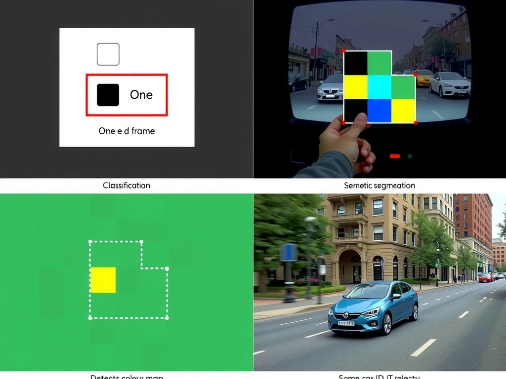 Four-panel comparison of CV tasks: classification (one label), detection (boxes on a frame), semantic segmentation (pixel color map), object tracking (same car ID linked across multiple frames with a trajectory path).