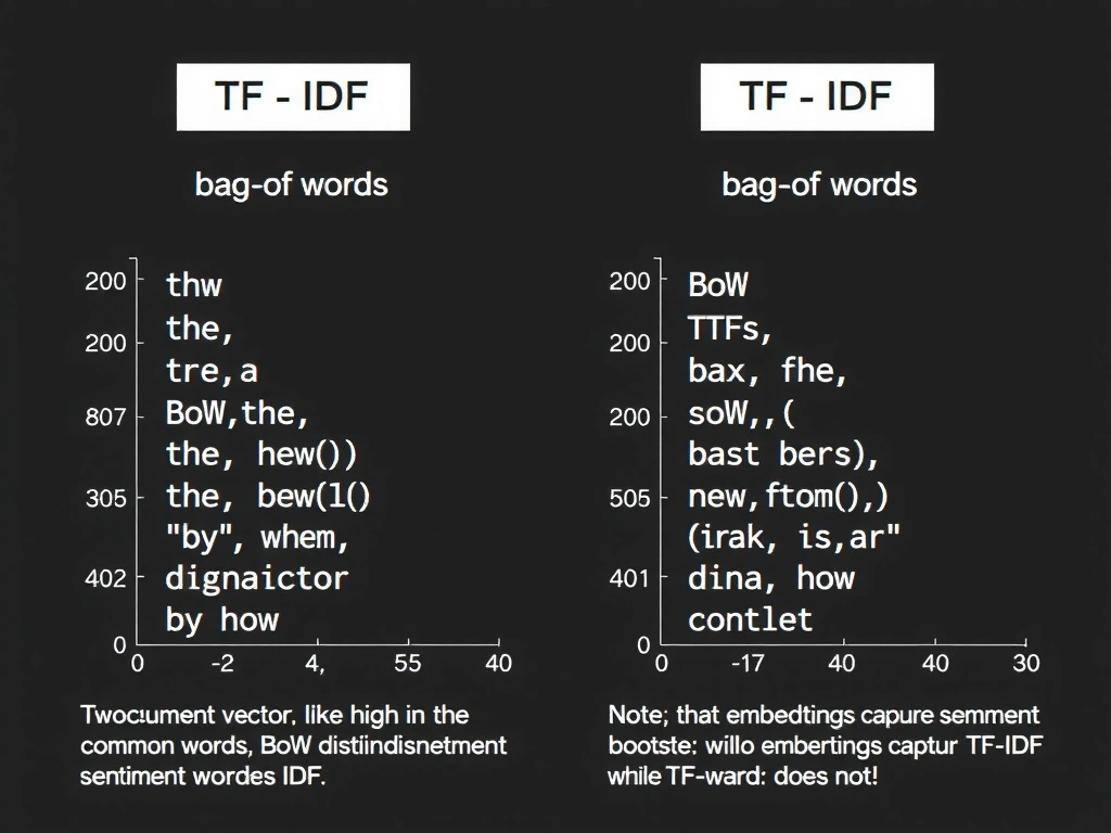 TF-IDF vs bag-of-words: two document vectors; common words like 'the' high in BoW but low after IDF; distinctive sentiment words boosted; formula sketch TF times IDF; note that embeddings capture semantics while TF-IDF does not.
