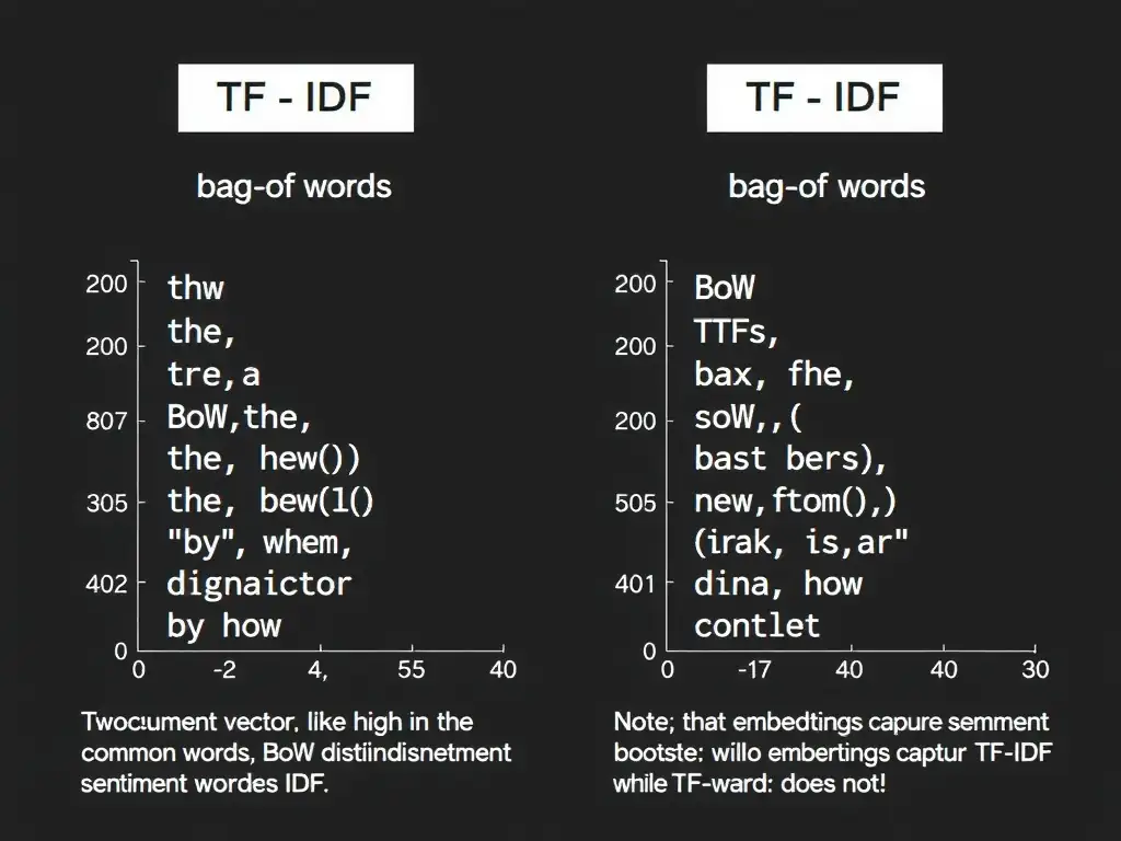 TF-IDF vs bag-of-words: two document vectors; common words like 'the' high in BoW but low after IDF; distinctive sentiment words boosted; formula sketch TF times IDF; note that embeddings capture semantics while TF-IDF does not.