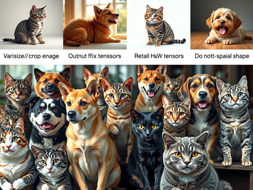 Variable-size cat and dog photos flowing into a resize/crop stage that outputs identical H×W tensors into a CNN; callouts showing rotation and grayscale do not fix spatial shape; batch of equal-sized tensors.