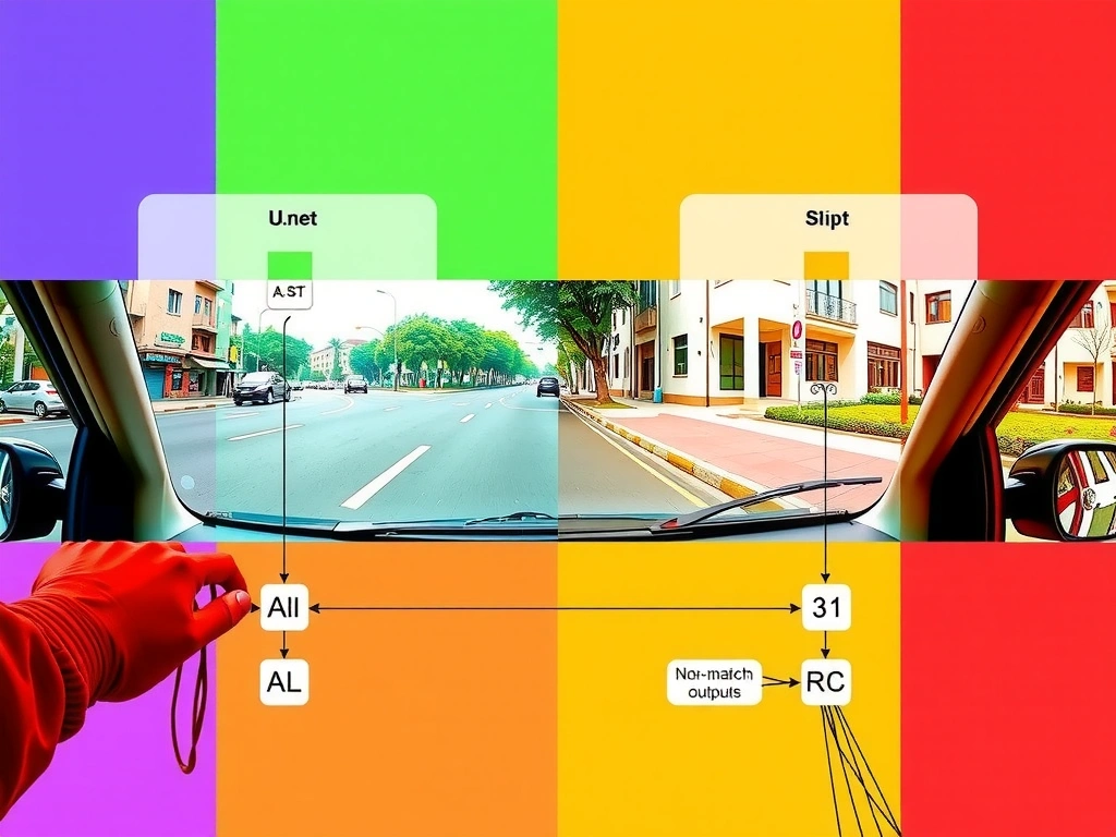 Driving camera frame with semantic segmentation overlay (road, sidewalk, building colors); architecture sketch of U-Net encoder-decoder with skip connections; small comparison icons for classification, detection boxes, and tracking IDs as non-matching outputs.