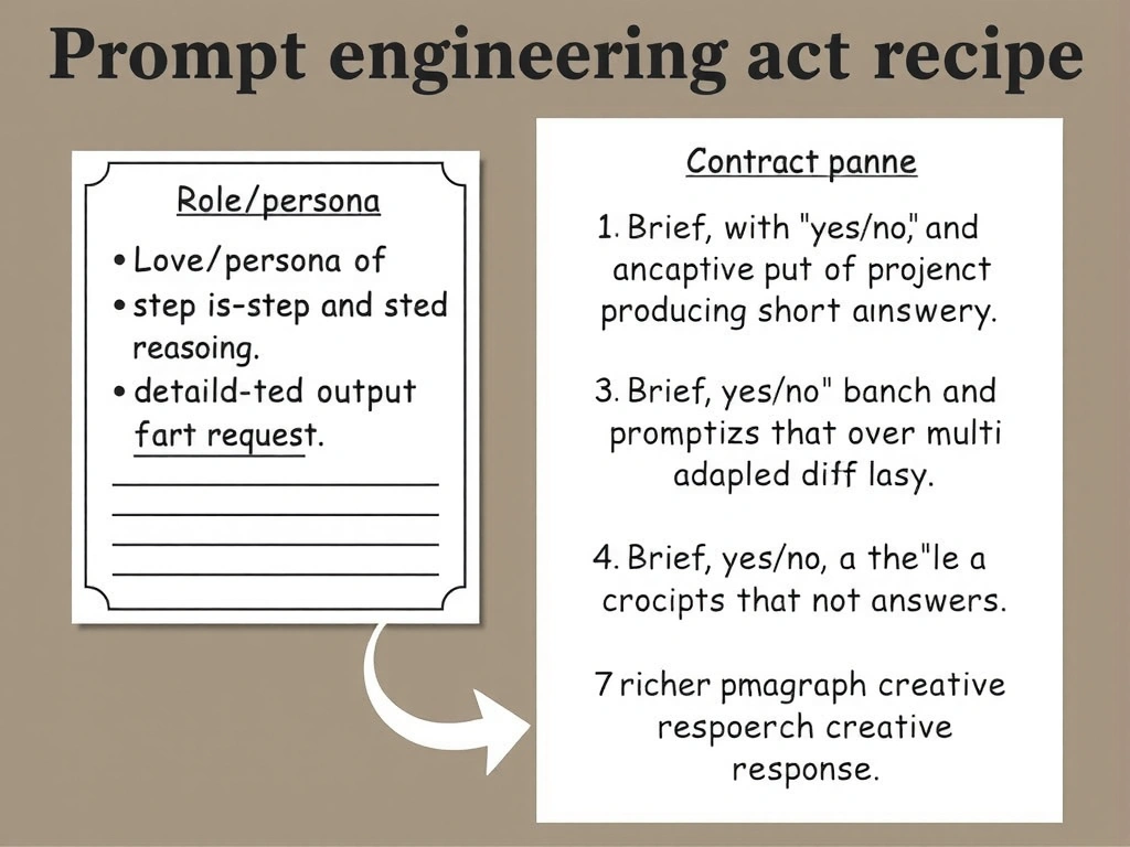 Prompt engineering recipe card: role/persona + step-by-step reasoning + detailed output request; contrast panel with brief, yes/no, and negative-only prompts producing short answers; arrow to richer multi-paragraph creative response.