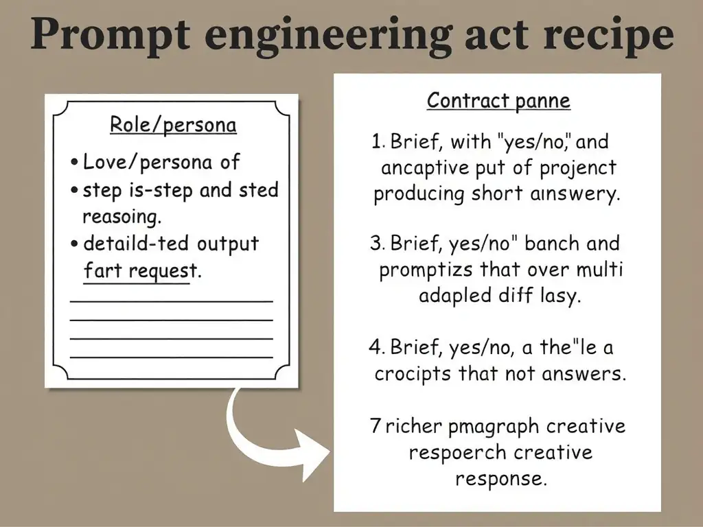 Prompt engineering recipe card: role/persona + step-by-step reasoning + detailed output request; contrast panel with brief, yes/no, and negative-only prompts producing short answers; arrow to richer multi-paragraph creative response.