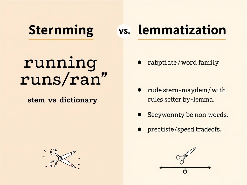 Side-by-side stemming vs lemmatization: word family 'running/runs/ran' to stem vs lemma; icons for rule scissors vs dictionary; note stems may be non-words; precision vs speed tradeoff scale.