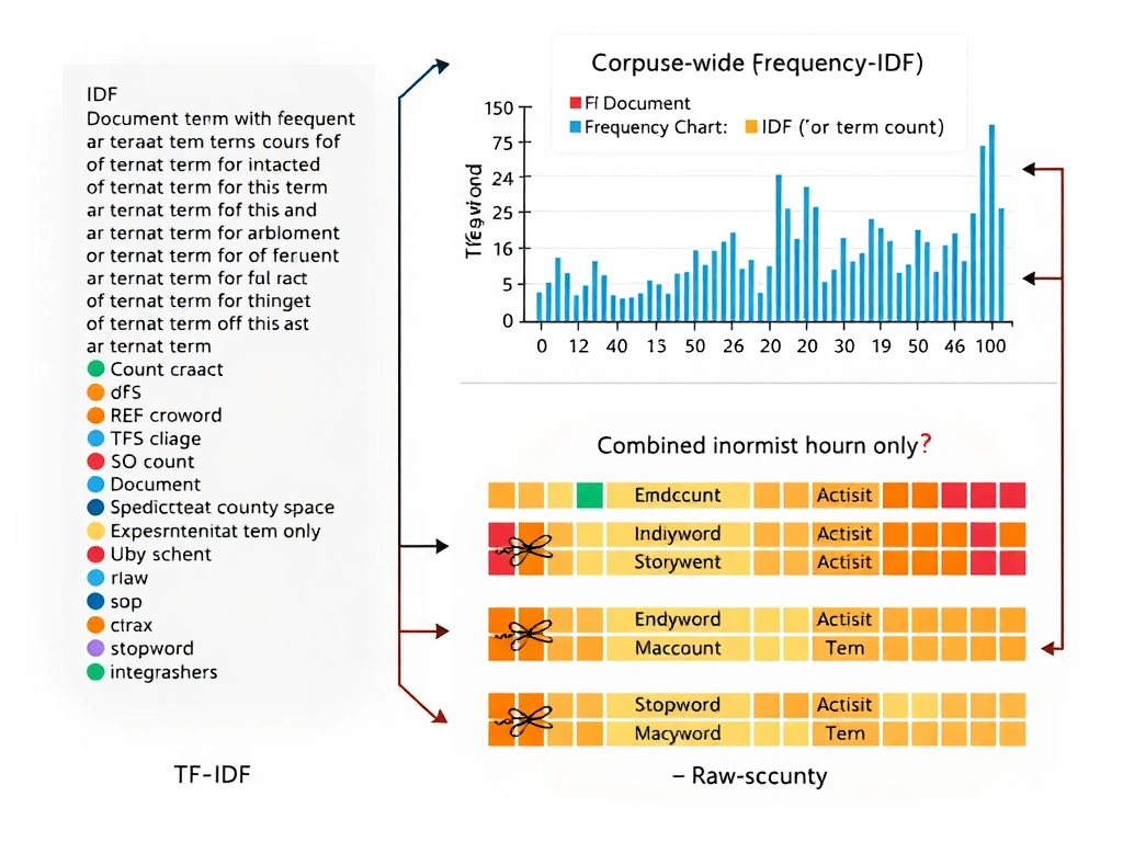 TF-IDF definition graphic: document with term counts (TF), corpus-wide document frequency chart (IDF), combined importance heatmap for terms in one document; crossed-out icons for embedding space, raw count only, and stopword scissors.
