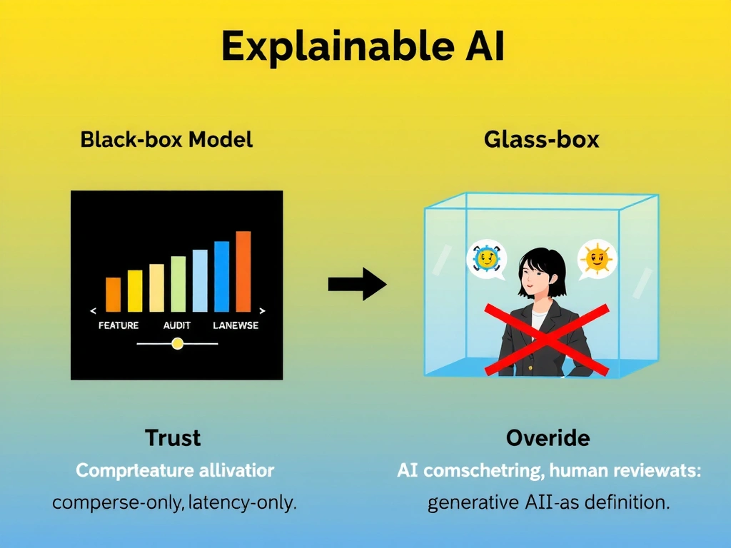 Explainable AI concept: black-box model versus glass-box with feature attribution bars and human reviewer; icons for trust, audit, and override; crossed-out labels for compression-only, latency-only, and generative-AI-as-definition misconceptions.