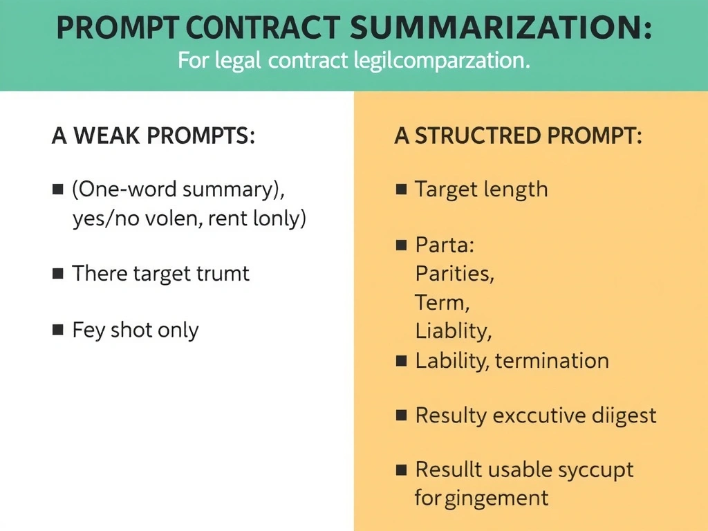 Prompt engineering for legal contract summarization: comparison of weak prompts (one-word summary, yes/no verdict, few-shot only) versus a structured prompt showing target length, required key points (parties, term, liability, termination), and resulting usable executive digest; domain label prompt engineering.