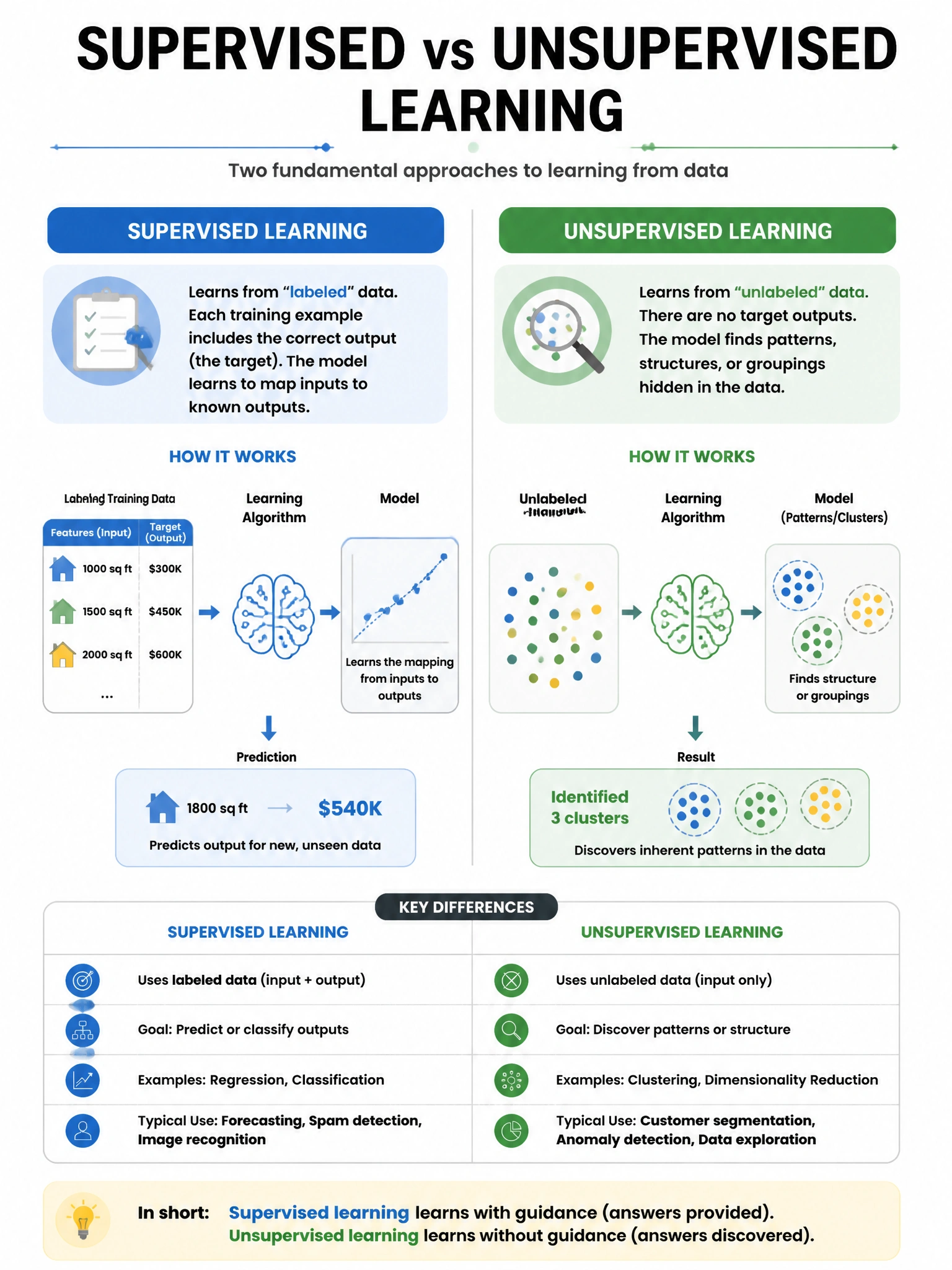 Portrait educational infographic explaining: Which statement correctly distinguishes supervised learning from unsupervised learning?. Clear labeled diagram of the key concept.