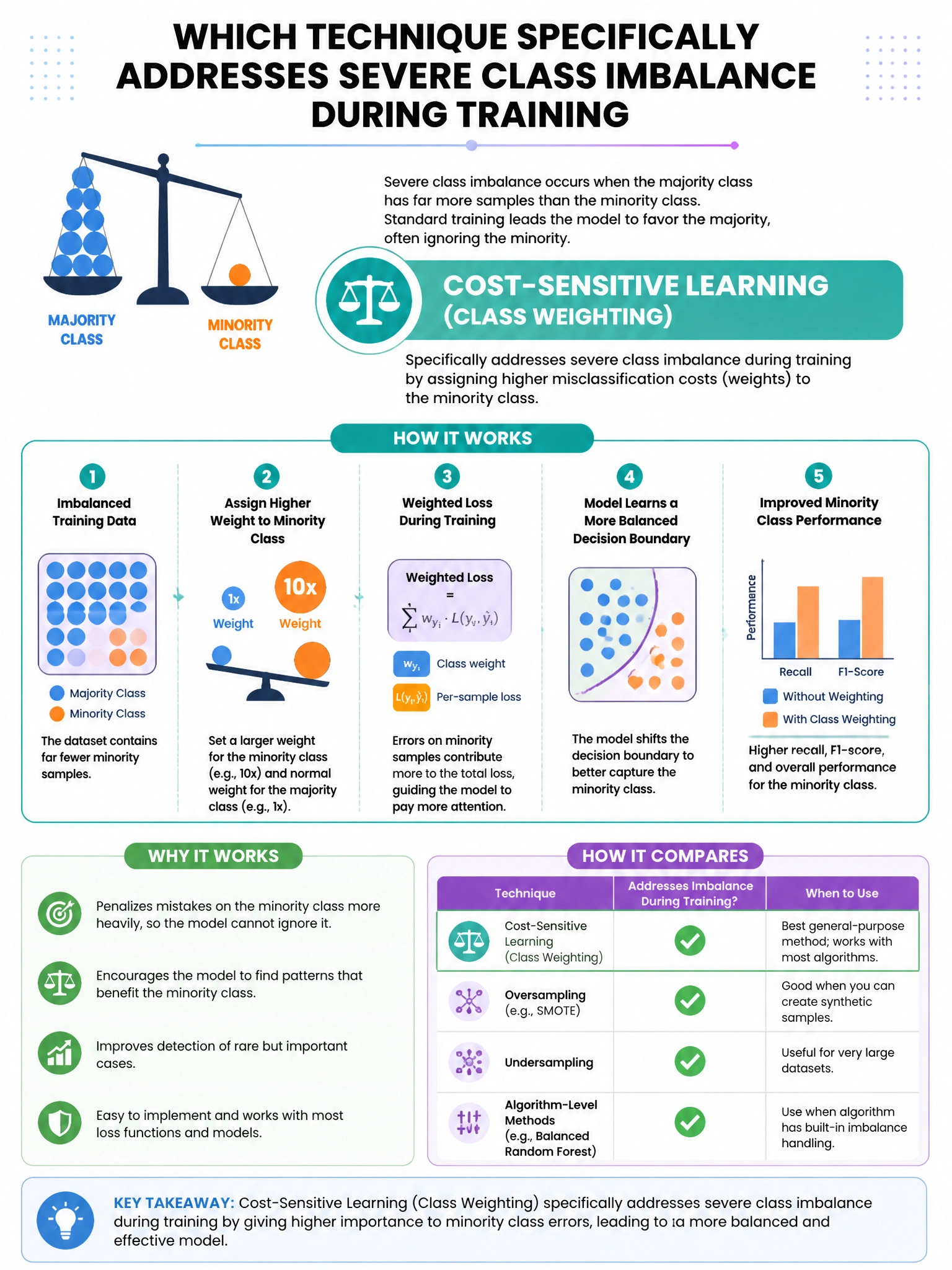 Portrait educational infographic explaining: Which technique specifically addresses severe class imbalance during training?. Clear labeled diagram of the key concept.