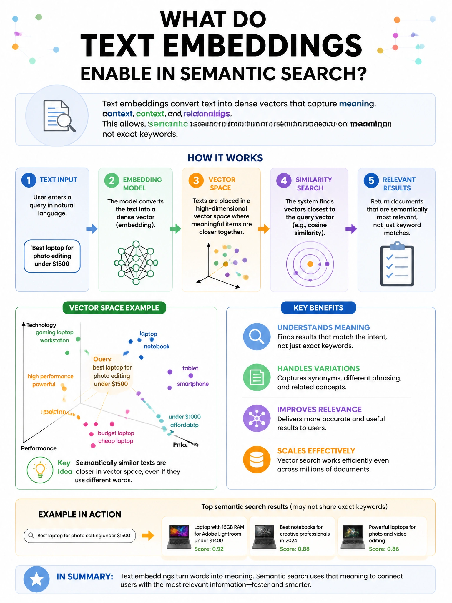 Portrait educational infographic explaining: What do text embeddings enable in semantic search?. Clear labeled diagram of the key concept.