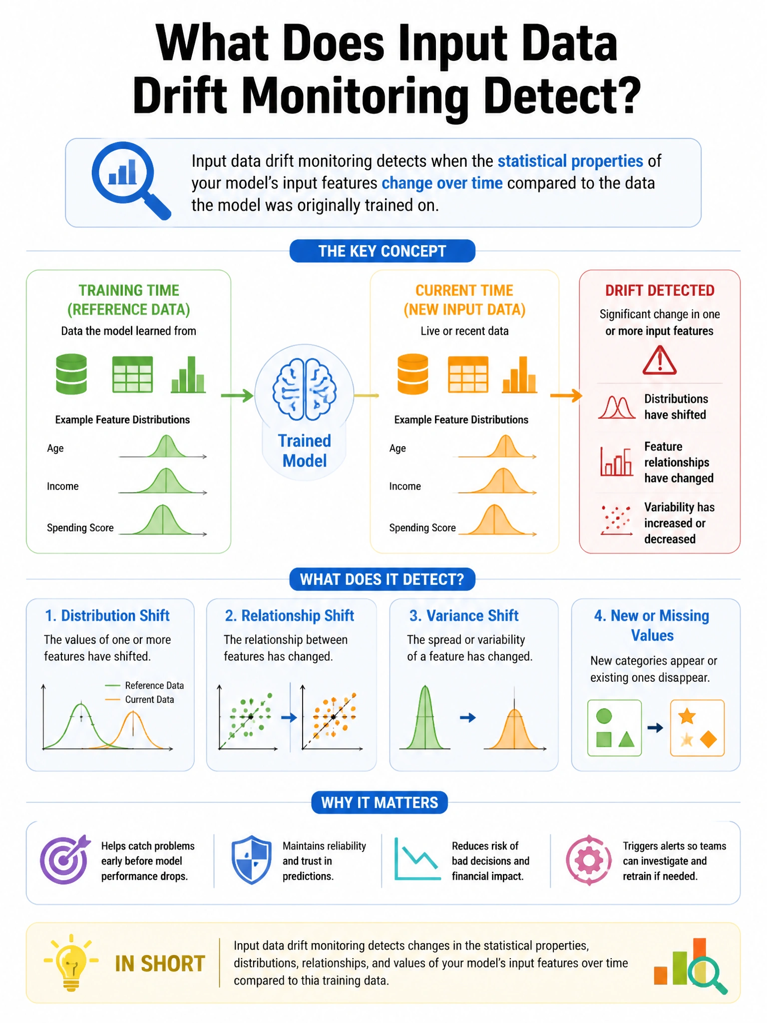 Portrait educational infographic explaining: What does input data drift monitoring detect?. Clear labeled diagram of the key concept.