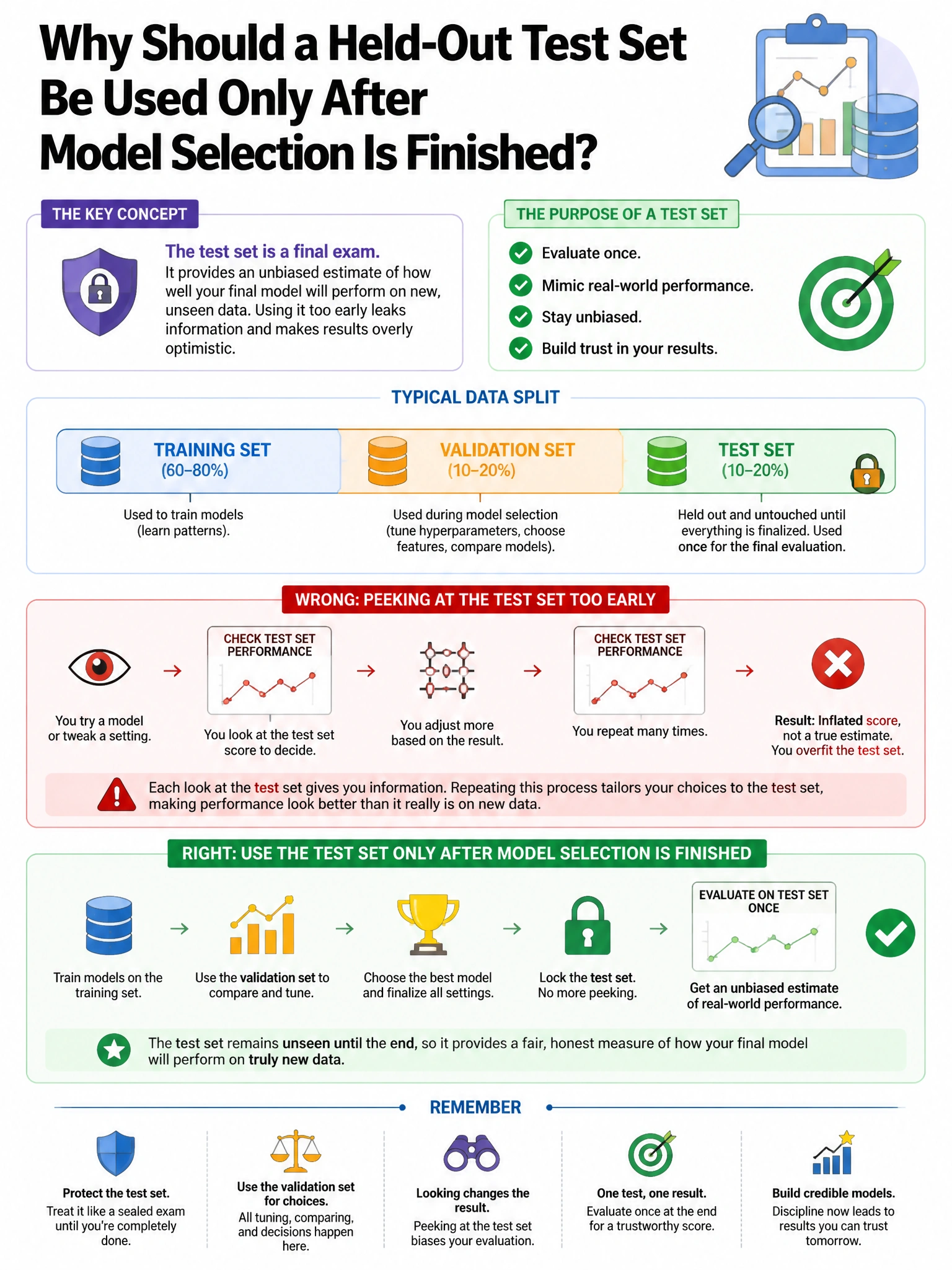 Portrait educational infographic explaining: Why should a held-out test set be used only after model selection is finished? (scenario 21). Clear labeled diagram of the key concept.