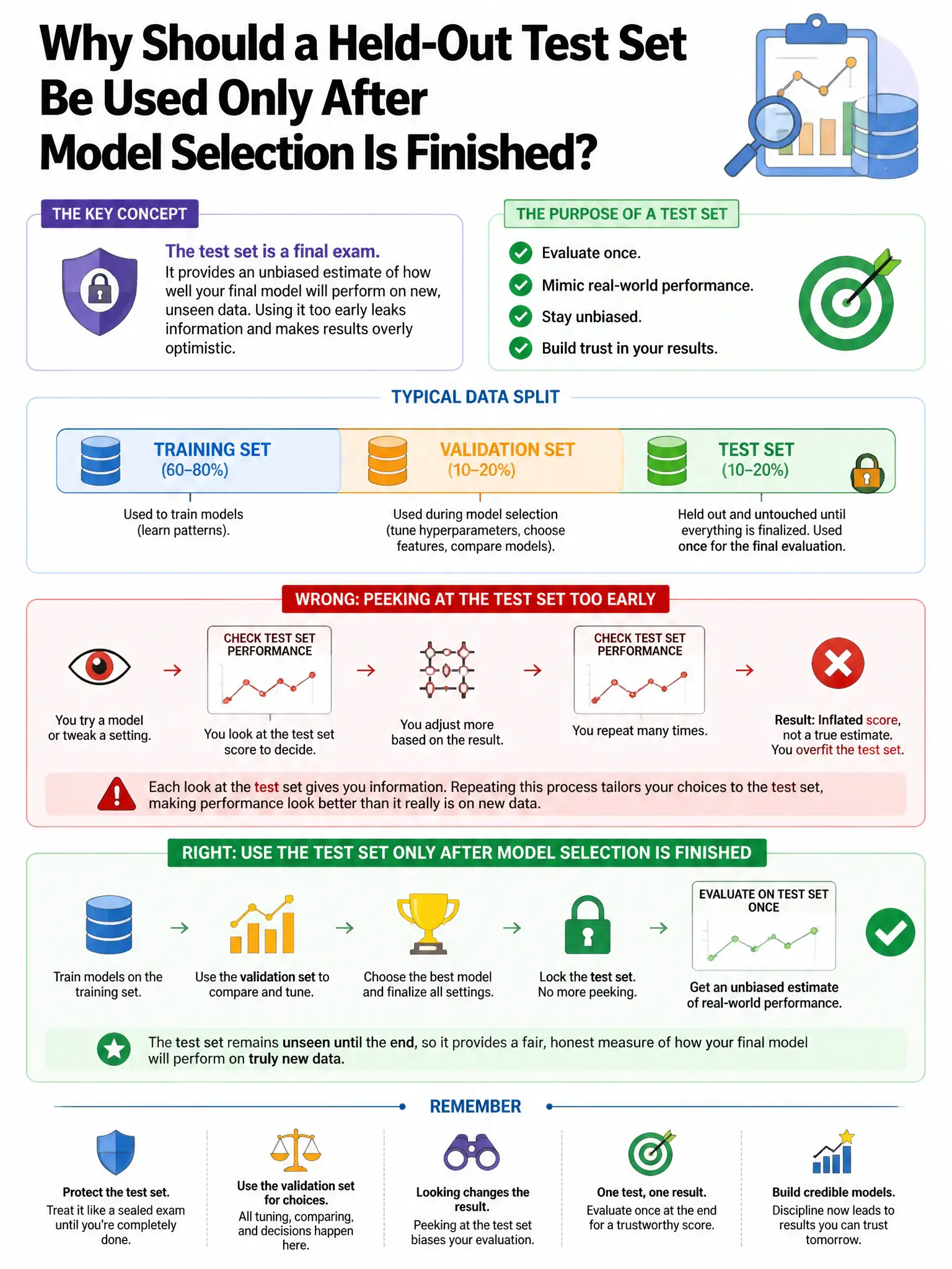 Portrait educational infographic explaining: Why should a held-out test set be used only after model selection is finished? (scenario 21). Clear labeled diagram of the key concept.
