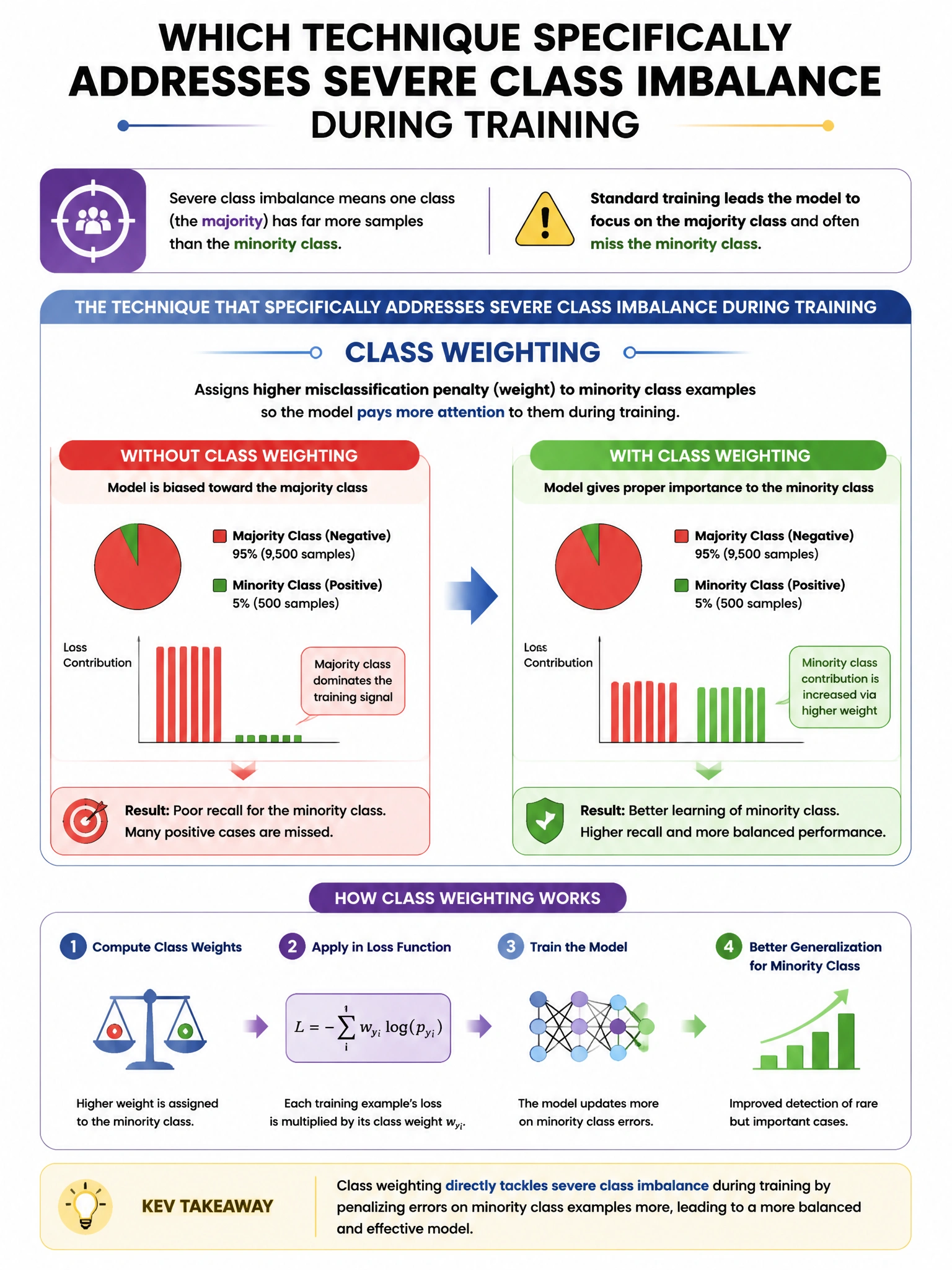 Portrait educational infographic explaining: Which technique specifically addresses severe class imbalance during training? (scenario 24). Clear labeled diagram of the key concept.