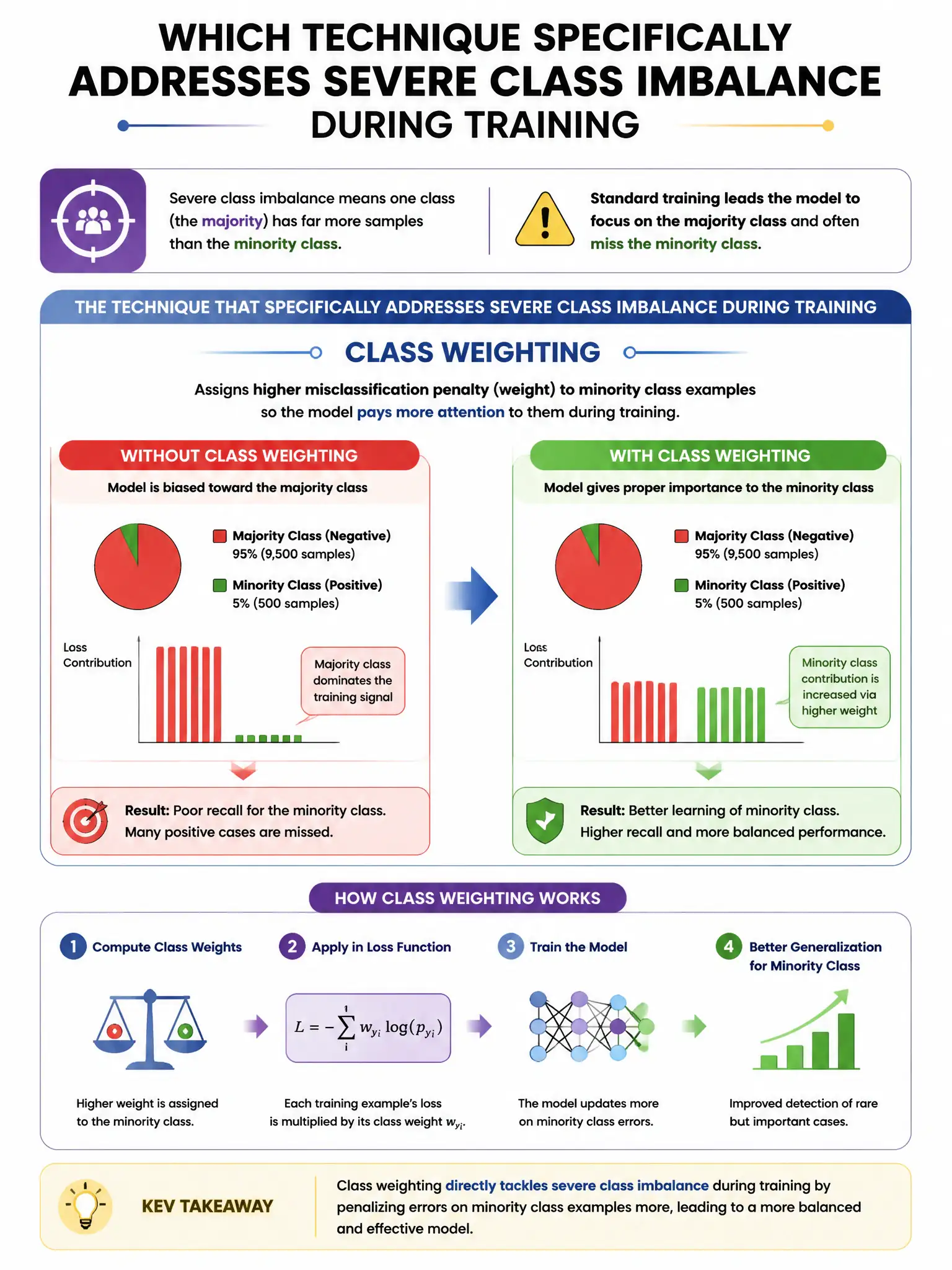 Portrait educational infographic explaining: Which technique specifically addresses severe class imbalance during training? (scenario 24). Clear labeled diagram of the key concept.