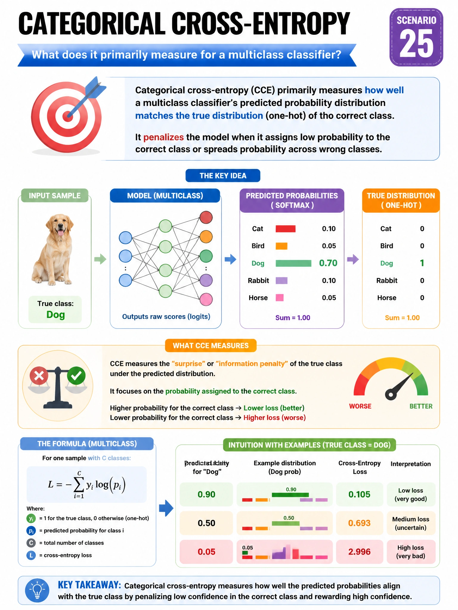 Portrait educational infographic explaining: What does categorical cross-entropy primarily measure for a multiclass classifier? (scenario 25). Clear labeled diagram of the key concept.