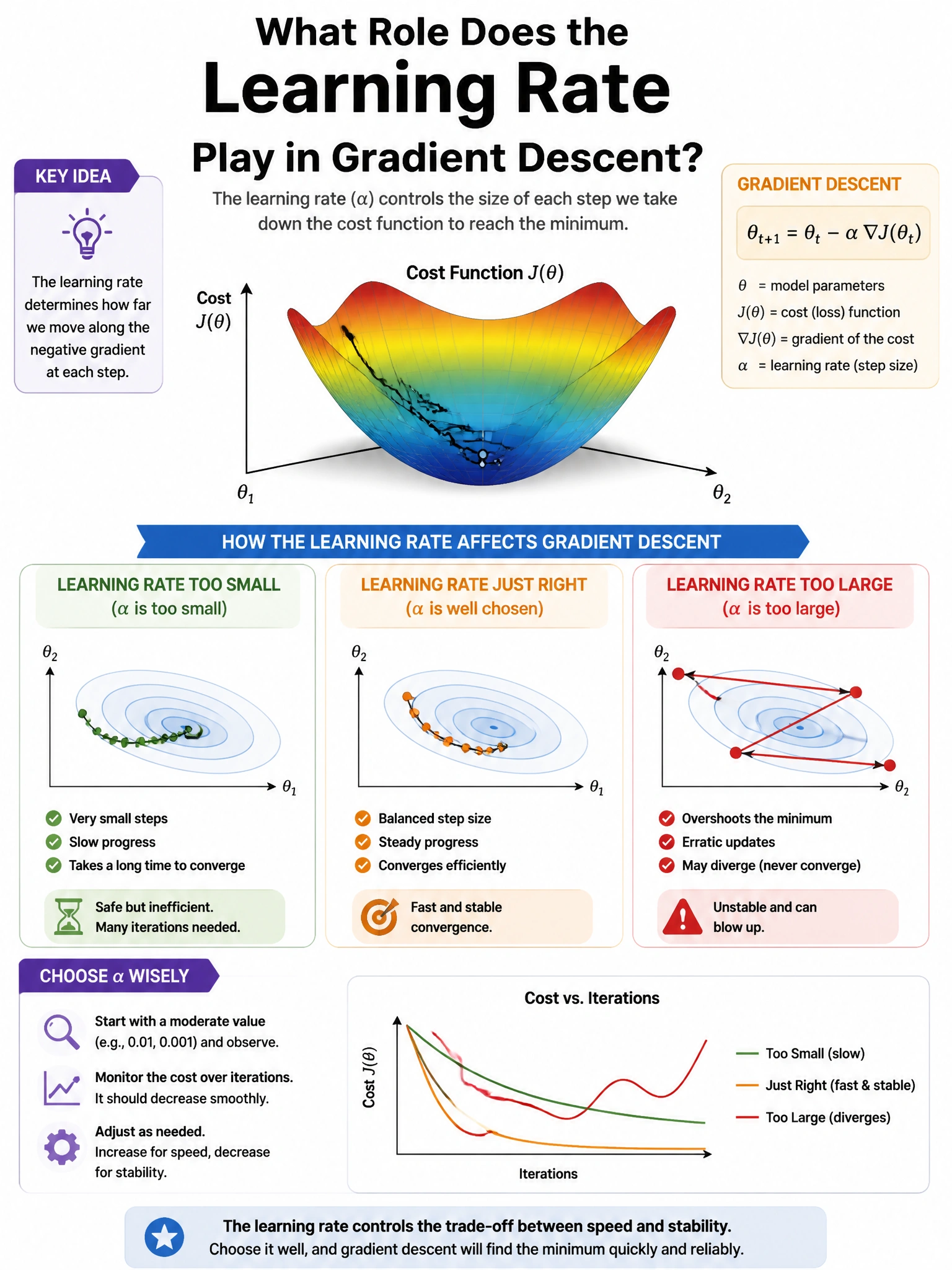 Portrait educational infographic explaining: What role does the learning rate play in gradient descent? (scenario 26). Clear labeled diagram of the key concept.