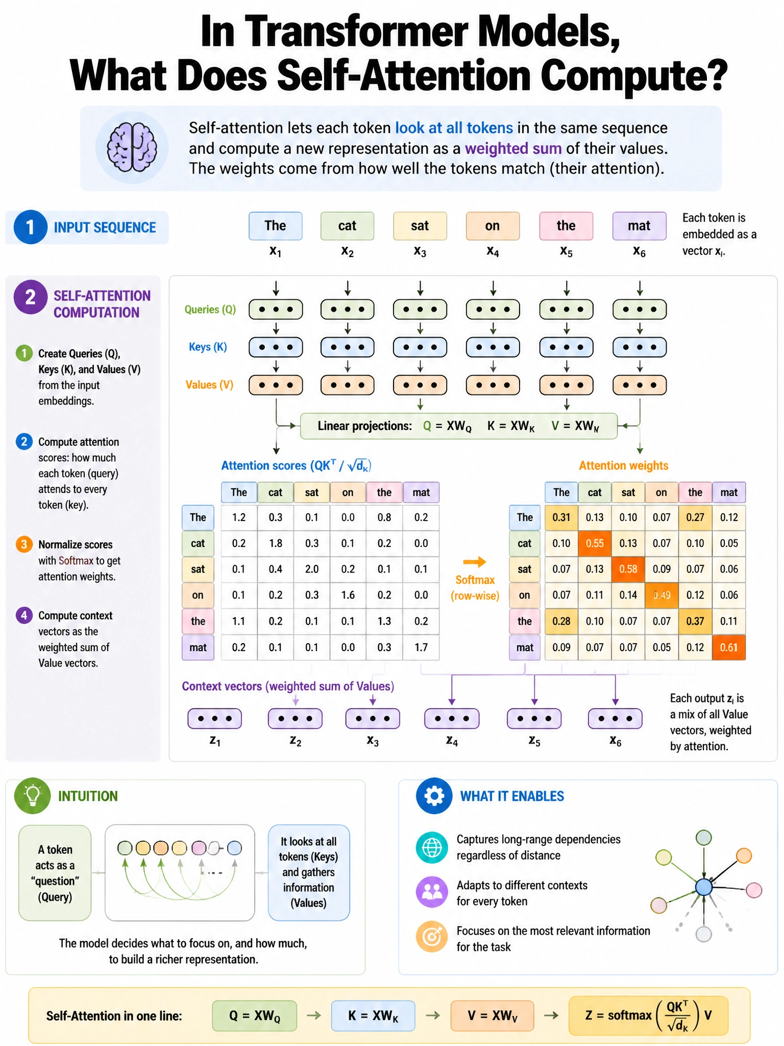 Portrait educational infographic explaining: In transformer models, what does self-attention compute? (scenario 29). Clear labeled diagram of the key concept.
